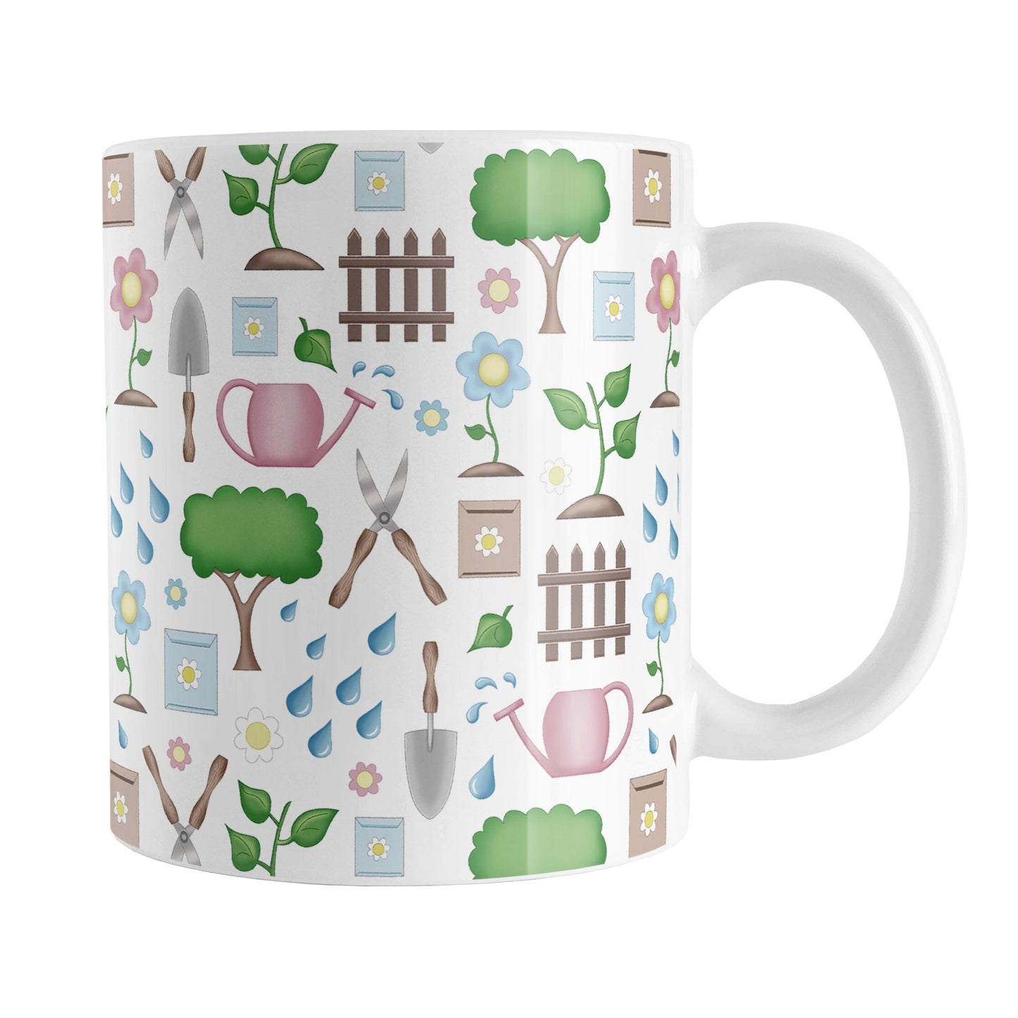 Spring Gardening Pattern Mug (11oz) at Amy's Coffee Mugs. A ceramic coffee mug designed with a springtime gardening pattern with trees, plants, flowers, seed packets, watering cans, fences, and gardening tools in spring colors such as pink, blue, green, and brown. 