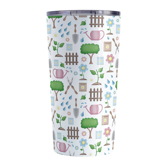 Spring Gardening Pattern Tumbler Cup (20oz) at Amy's Coffee Mugs. A stainless steel tumbler cup designed with a springtime gardening pattern with trees, plants, flowers, seed packets, watering cans, fences, and gardening tools in spring colors such as pink, blue, green, and brown. 