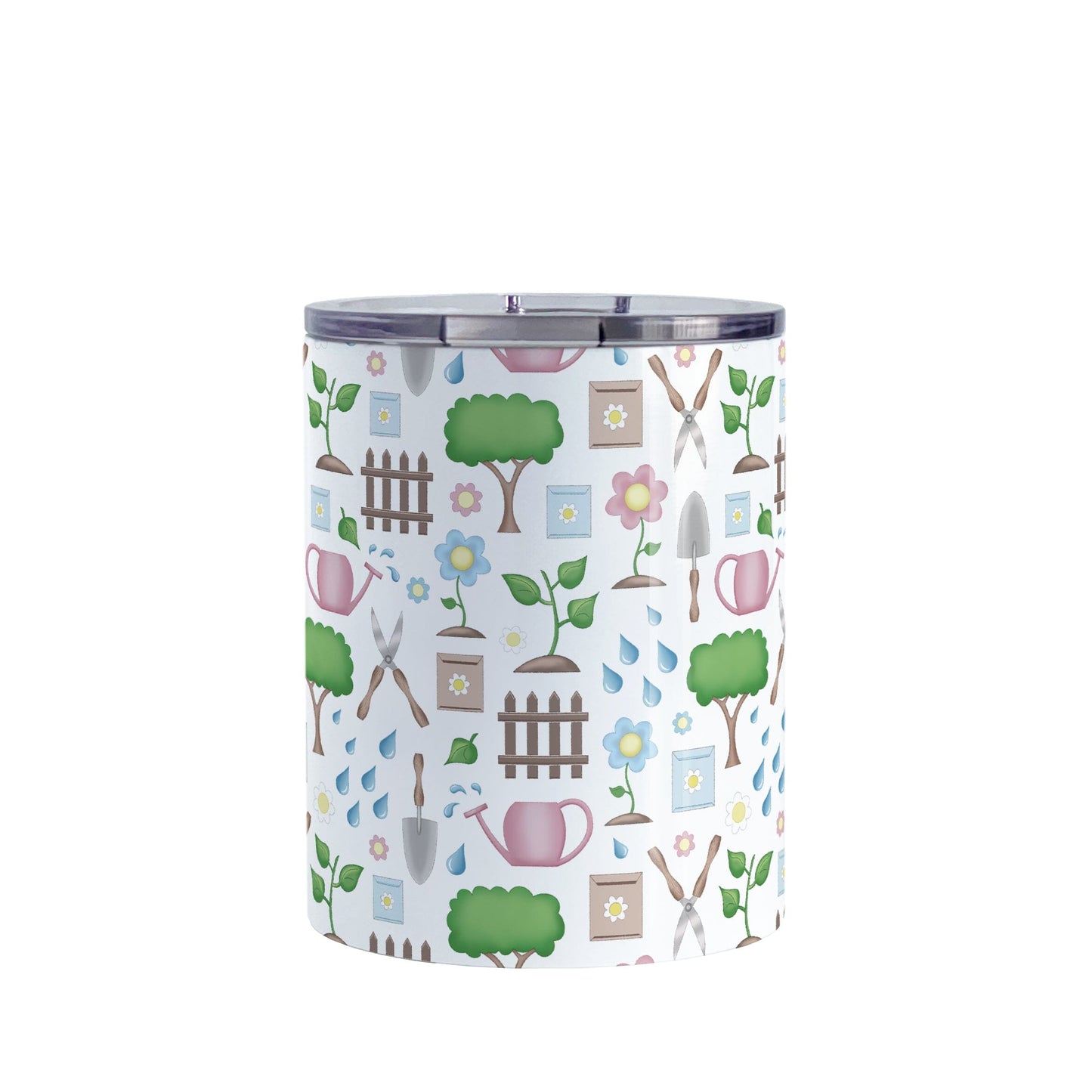 Spring Gardening Pattern Tumbler Cup (10oz) at Amy's Coffee Mugs. A stainless steel tumbler cup designed with a springtime gardening pattern with trees, plants, flowers, seed packets, watering cans, fences, and gardening tools in spring colors such as pink, blue, green, and brown. 