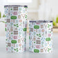 Spring Gardening Pattern Tumbler Cups (20oz or 10oz) at Amy's Coffee Mugs. Stainless steel tumbler cups designed with a springtime gardening pattern with trees, plants, flowers, seed packets, watering cans, fences, and gardening tools in spring colors such as pink, blue, green, and brown. Photo shows both sized cups on a table next to each other.