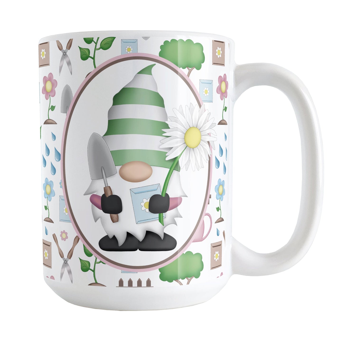 Spring Gnome Gardening Pattern Mug (15oz) at Amy's Coffee Mugs. A ceramic coffee mug designed with an adorable spring gardening gnome holding  an oversized daisy in a white oval over a springtime gardening pattern with trees, plants, flowers, seed packets, watering cans, fences, and gardening tools in spring colors such as pink, blue, green, and brown. 