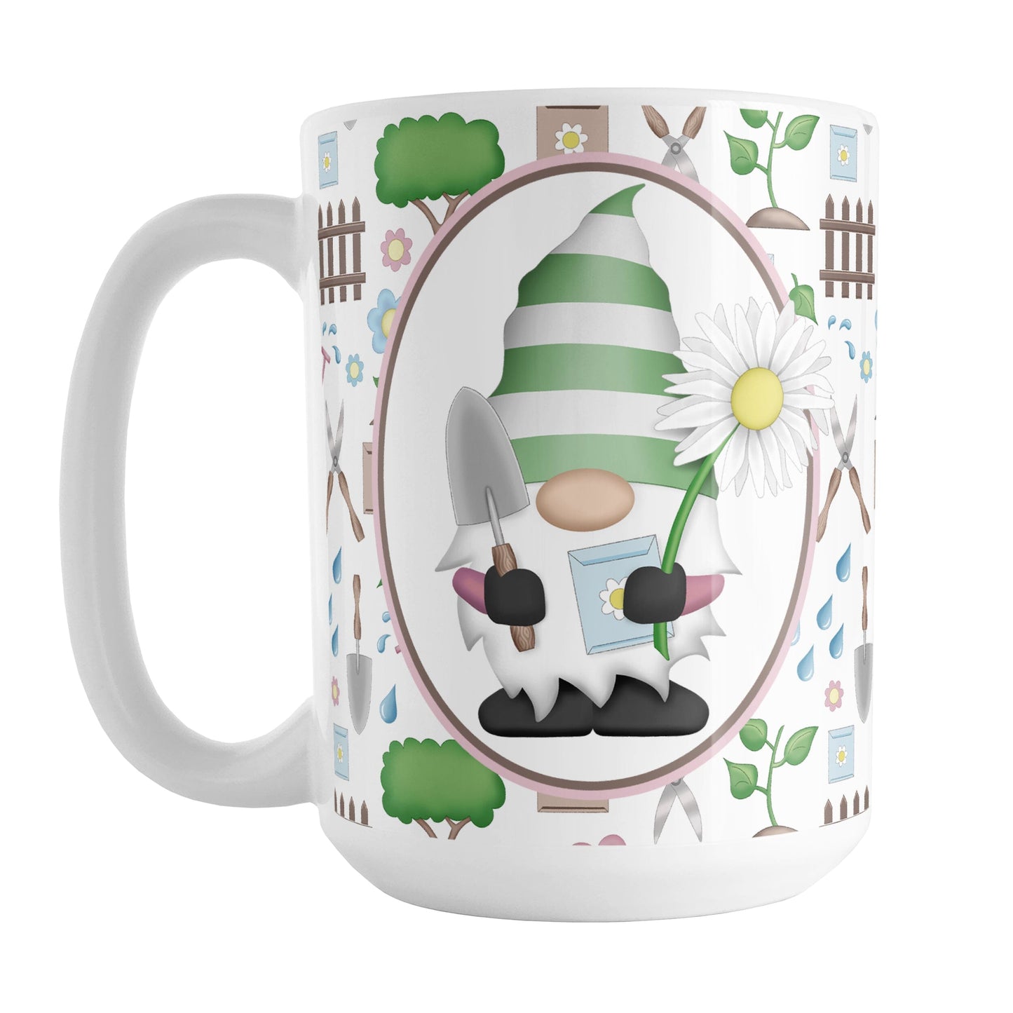 Spring Gnome Gardening Pattern Mug (15oz) at Amy's Coffee Mugs. A ceramic coffee mug designed with an adorable spring gardening gnome holding  an oversized daisy in a white oval over a springtime gardening pattern with trees, plants, flowers, seed packets, watering cans, fences, and gardening tools in spring colors such as pink, blue, green, and brown. 