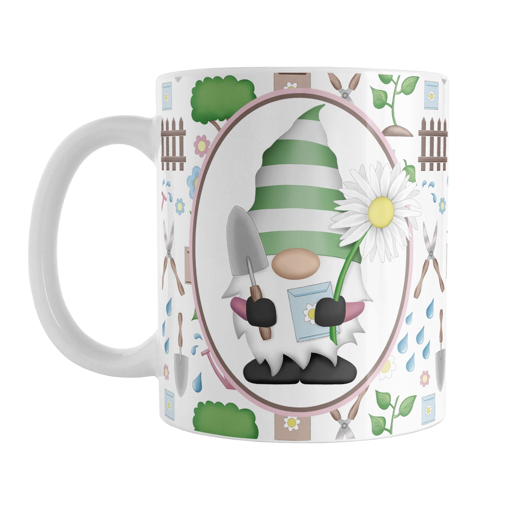 Spring Gnome Gardening Pattern Mug (11oz) at Amy's Coffee Mugs. A ceramic coffee mug designed with an adorable spring gardening gnome holding  an oversized daisy in a white oval over a springtime gardening pattern with trees, plants, flowers, seed packets, watering cans, fences, and gardening tools in spring colors such as pink, blue, green, and brown. 