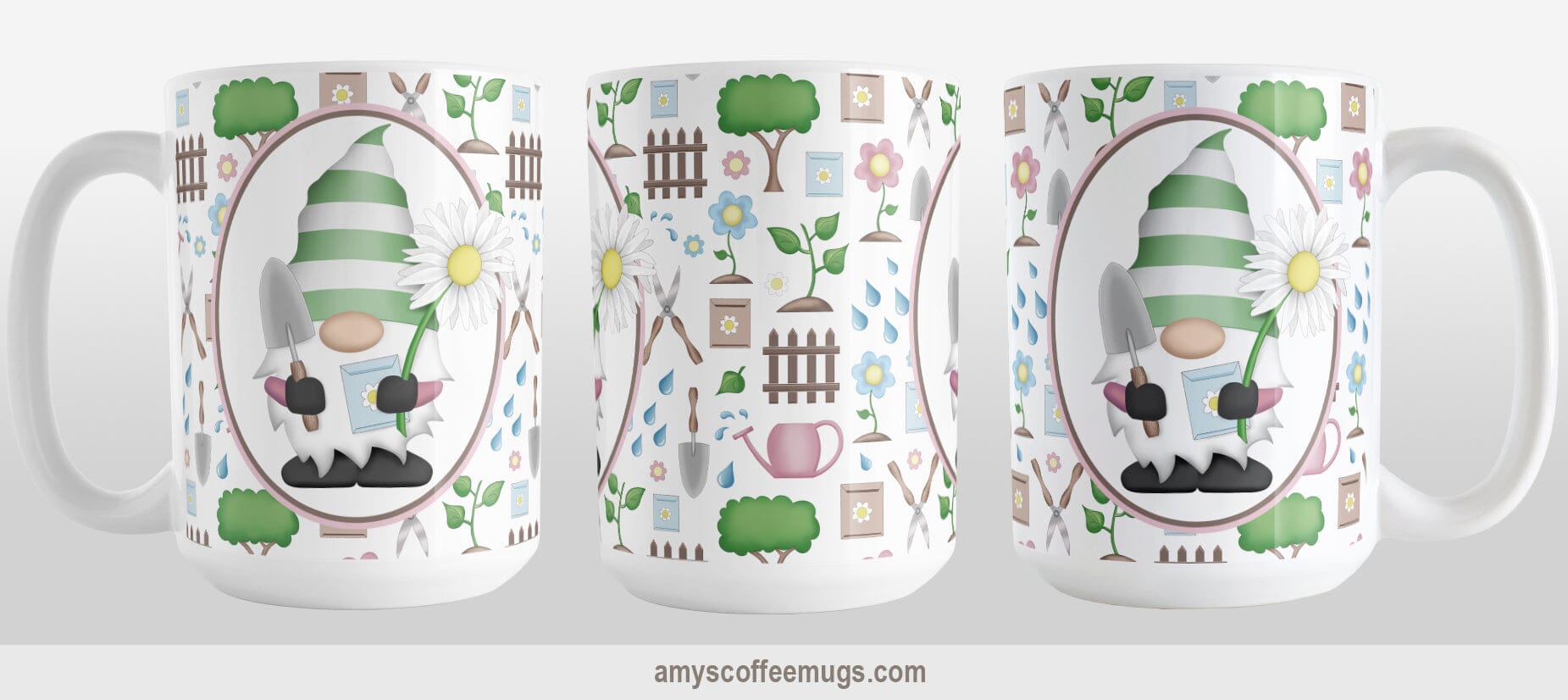 Spring Gnome Gardening Pattern Mug (15oz) at Amy's Coffee Mugs. A ceramic coffee mug designed with an adorable spring gardening gnome holding  an oversized daisy in a white oval over a springtime gardening pattern with trees, plants, flowers, seed packets, watering cans, fences, and gardening tools in spring colors such as pink, blue, green, and brown. Photo shows three views of the mug.