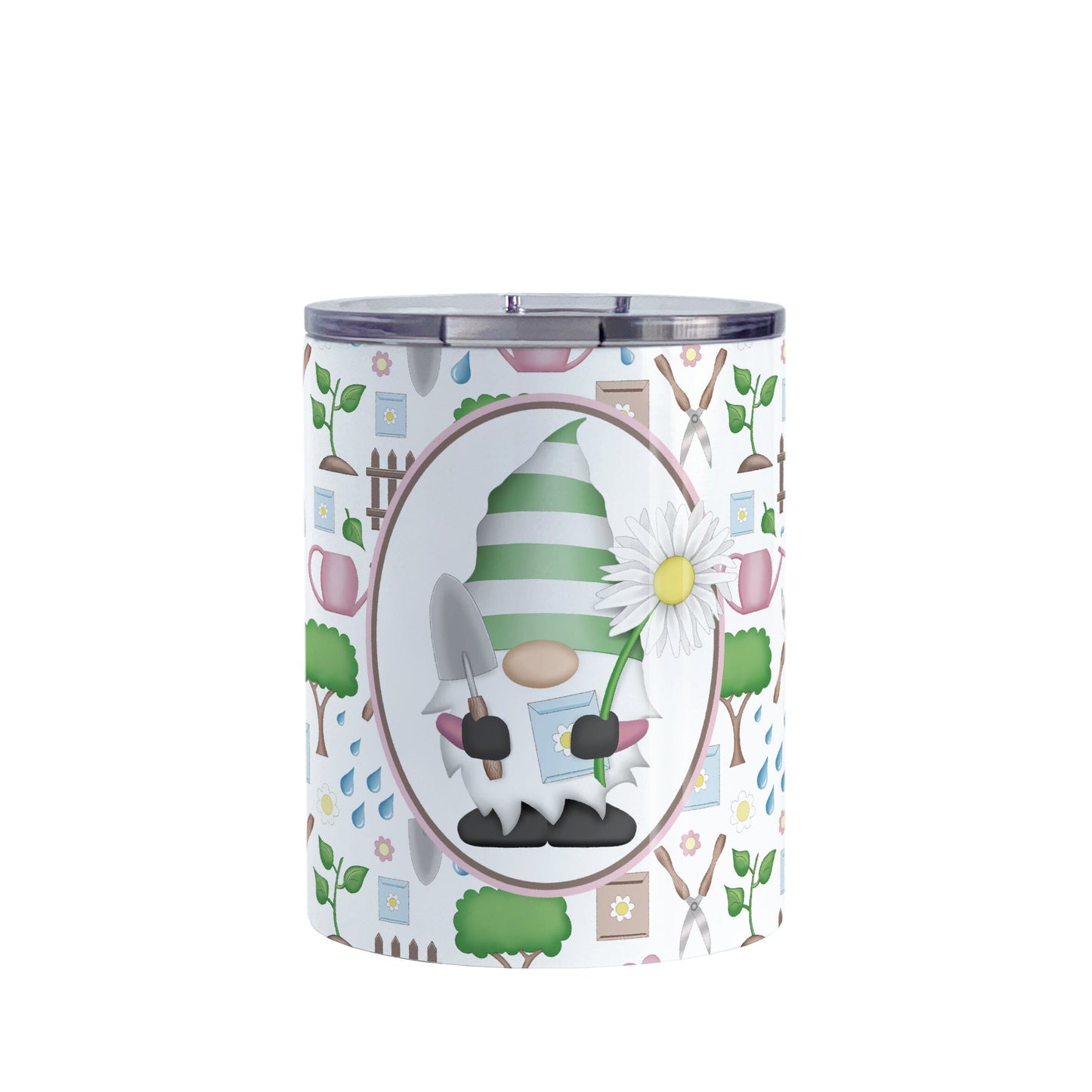 Spring Gnome Gardening Pattern Tumbler Cup (10oz) at Amy's Coffee Mugs. A stainless steel tumbler cup designed with an adorable spring gardening gnome holding an oversized daisy in a white oval over a springtime gardening pattern with trees, plants, flowers, seed packets, watering cans, fences, and gardening tools in spring colors such as pink, blue, green, and brown. 