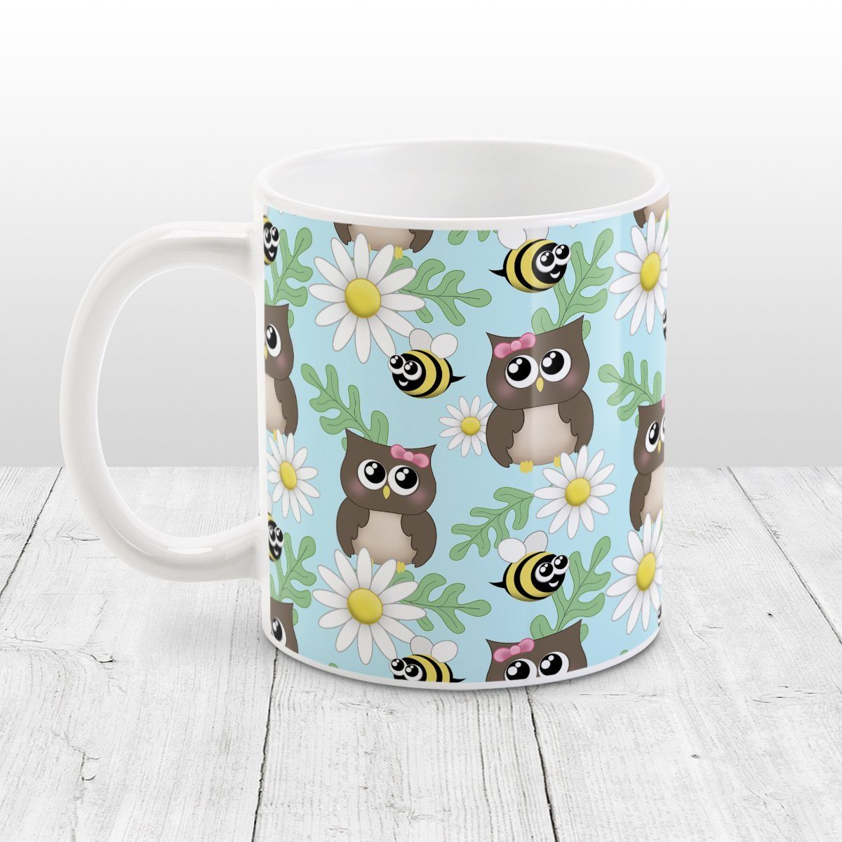 Spring Owl Bee Daisy Pattern Mug at Amy's Coffee Mugs