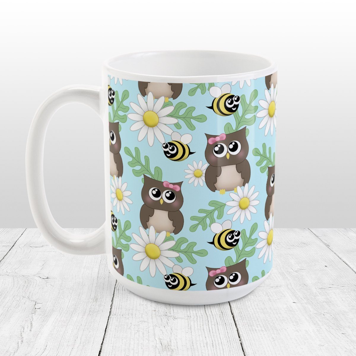 Spring Owl Bee Daisy Pattern Mug at Amy's Coffee Mugs