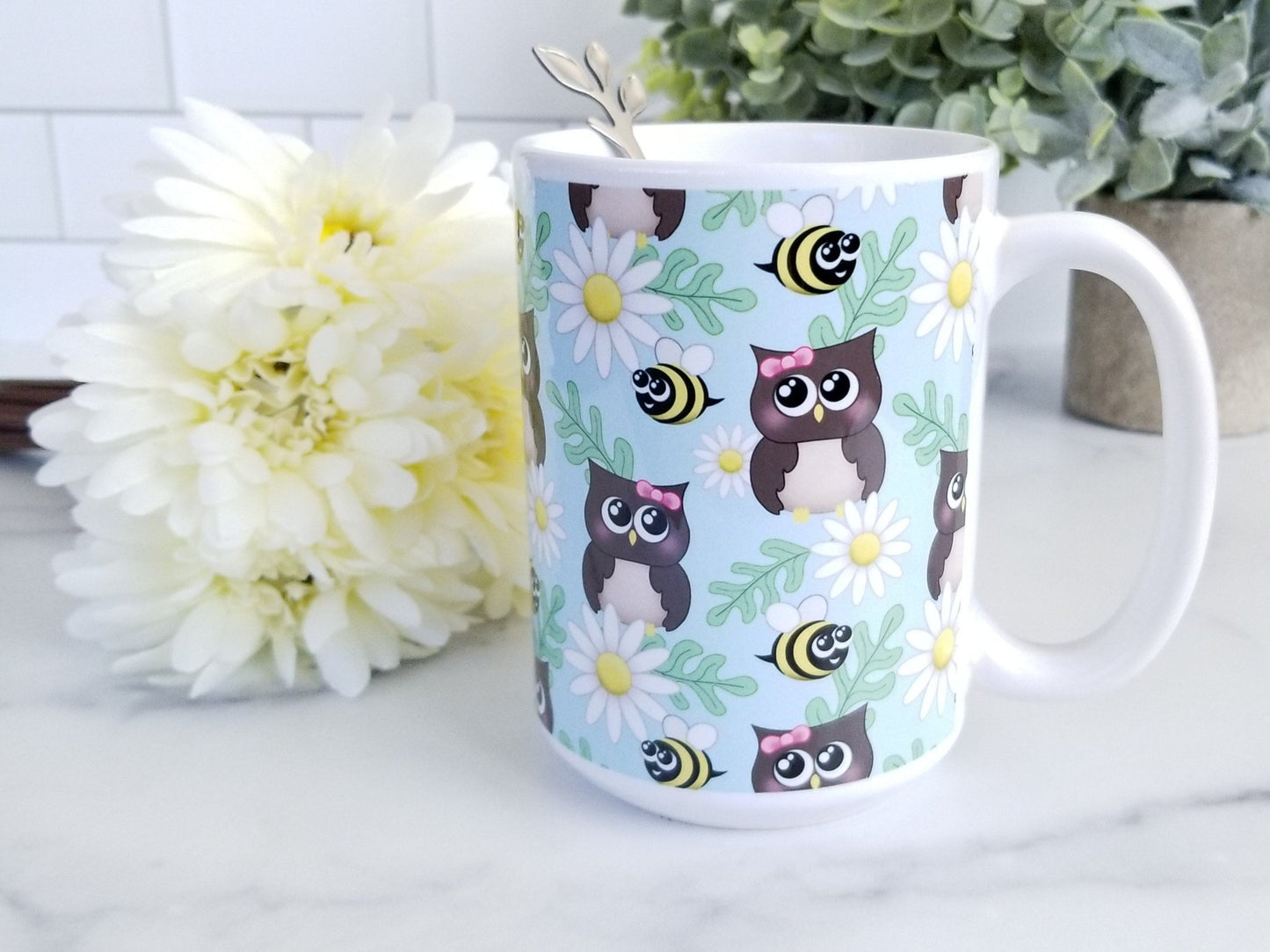 Spring Owl Bee Daisy Pattern Mug at Amy's Coffee Mugs