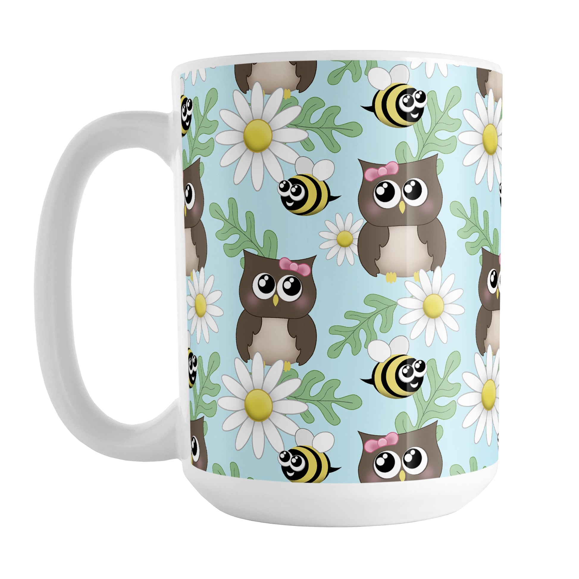 Spring Owl Bee Daisy Pattern Mug (15oz) at Amy's Coffee Mugs