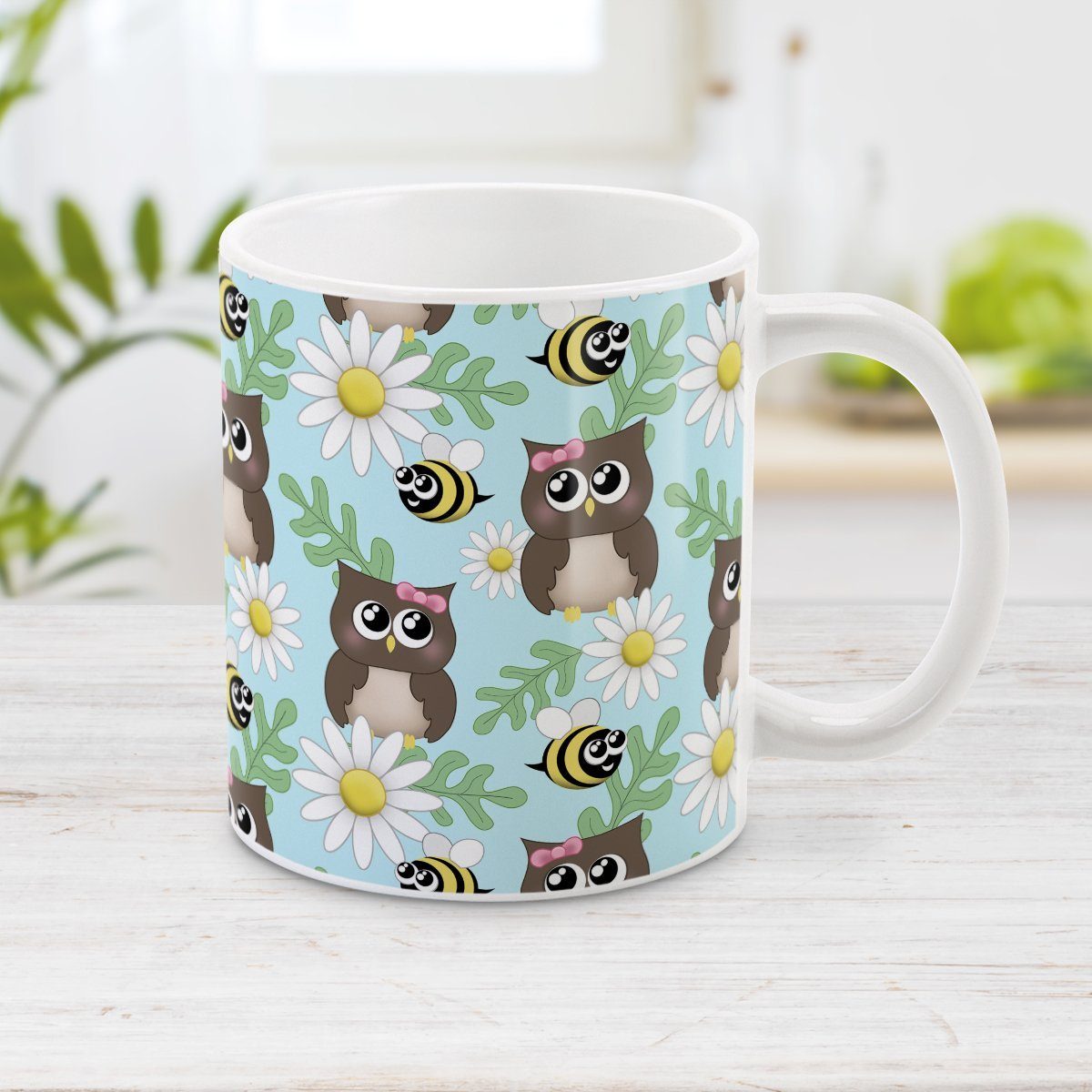 Spring Owl Bee Daisy Pattern Mug at Amy's Coffee Mugs
