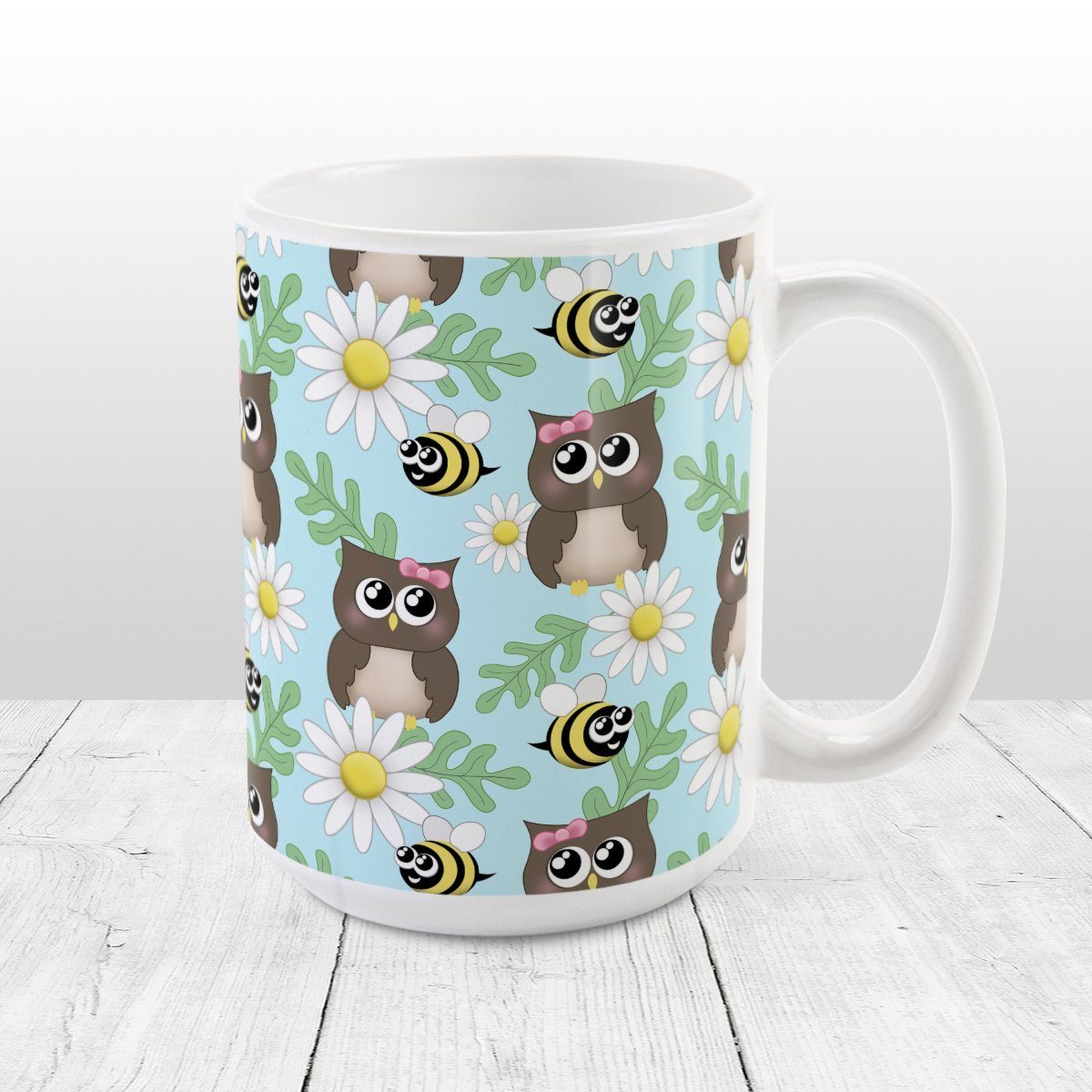 Spring Owl Bee Daisy Pattern Mug at Amy's Coffee Mugs