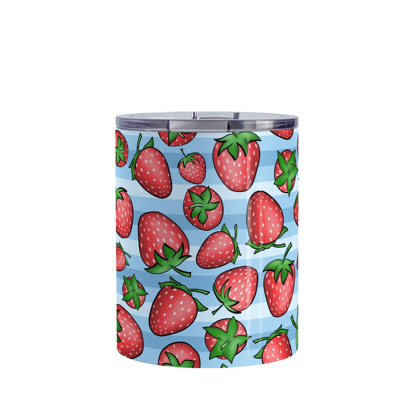 Strawberries on Blue Stripes Tumbler Cup (10oz, stainless steel insulated) at Amy's Coffee Mugs