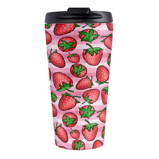 Strawberries on Pink Stripes Travel Mug (15oz) at Amy's Coffee Mugs