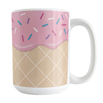 Strawberry Ice Cream Waffle Cone Mug (15oz) at Amy's Coffee Mugs. A ceramic coffee mug with a yummy looking dessert illustration of pink strawberry ice cream with sprinkles atop a waffle cone pattern in a design that wraps around the mug up to the handle.