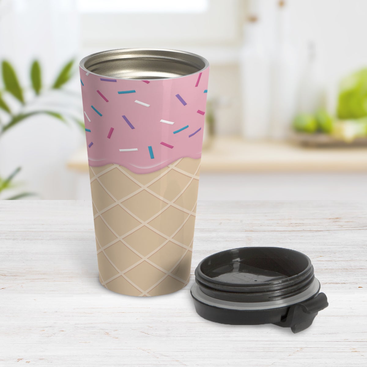 Strawberry Ice Cream Waffle Cone Travel Mug (15oz) at Amy's Coffee Mugs