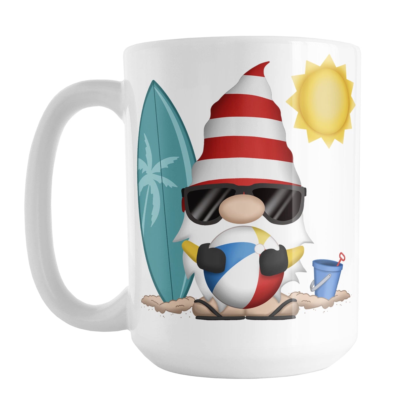 Summer Beach Gnome Mug (15oz) at Amy's Coffee Mugs. A ceramic coffee mug designed with an adorable gnome in sunglasses, holding a beach ball, with a surfboard and bucket in the sand on either side of him, and a bright yellow sun in the sky. This cute gnome is on both sides of the mug.