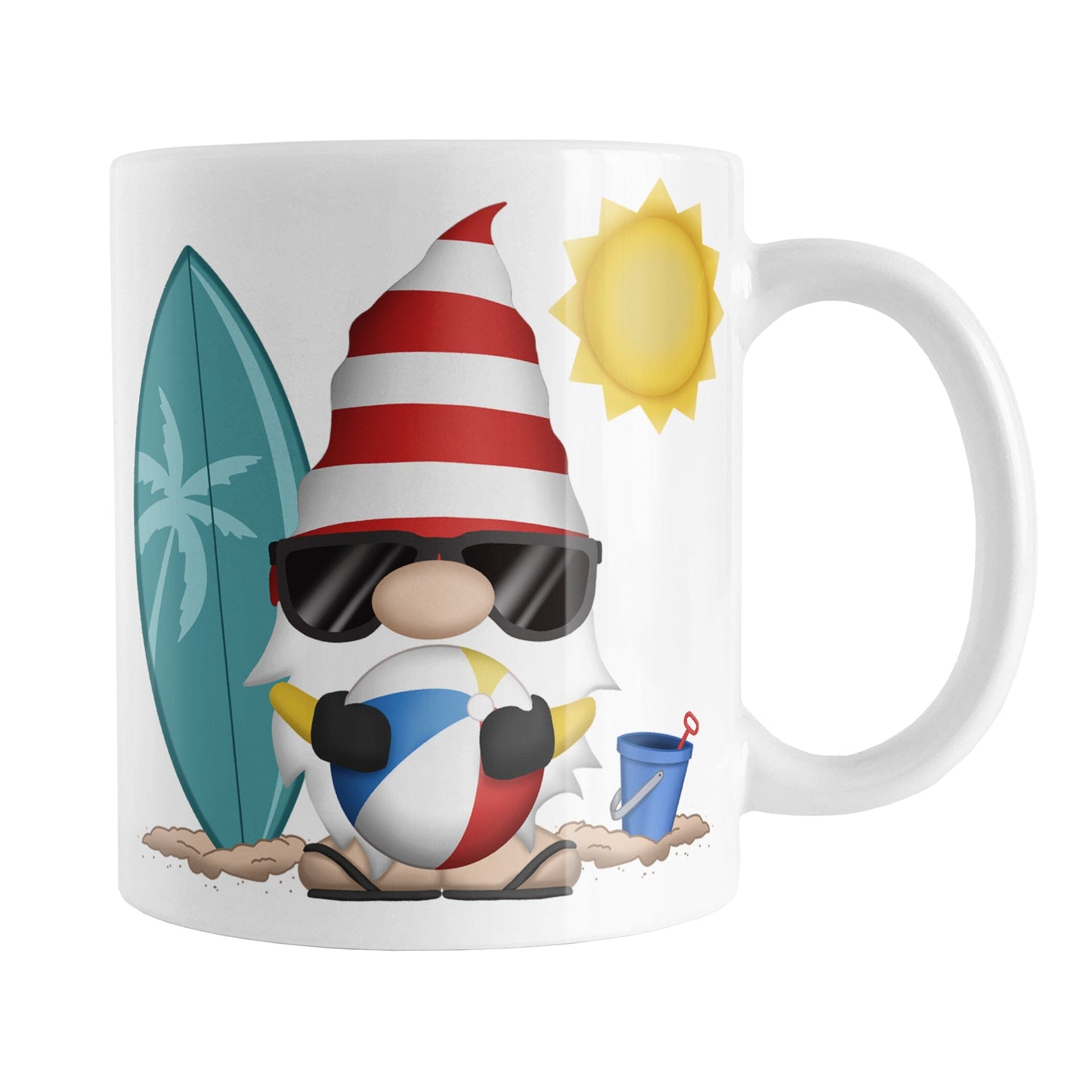 Summer Beach Gnome Mug (11oz) at Amy's Coffee Mugs. A ceramic coffee mug designed with an adorable gnome in sunglasses, holding a beach ball, with a surfboard and bucket in the sand on either side of him, and a bright yellow sun in the sky. This cute gnome is on both sides of the mug.