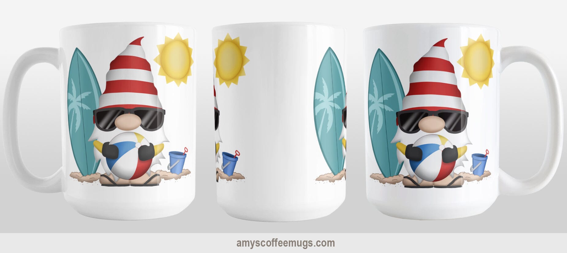 Summer Beach Gnome Mug (15oz) at Amy's Coffee Mugs. A ceramic coffee mug designed with an adorable gnome in sunglasses, holding a beach ball, with a surfboard and bucket in the sand on either side of him, and a bright yellow sun in the sky. This cute gnome is on both sides of the mug. Image shows 3 sides of the mug for a full view of the illustration and design.
