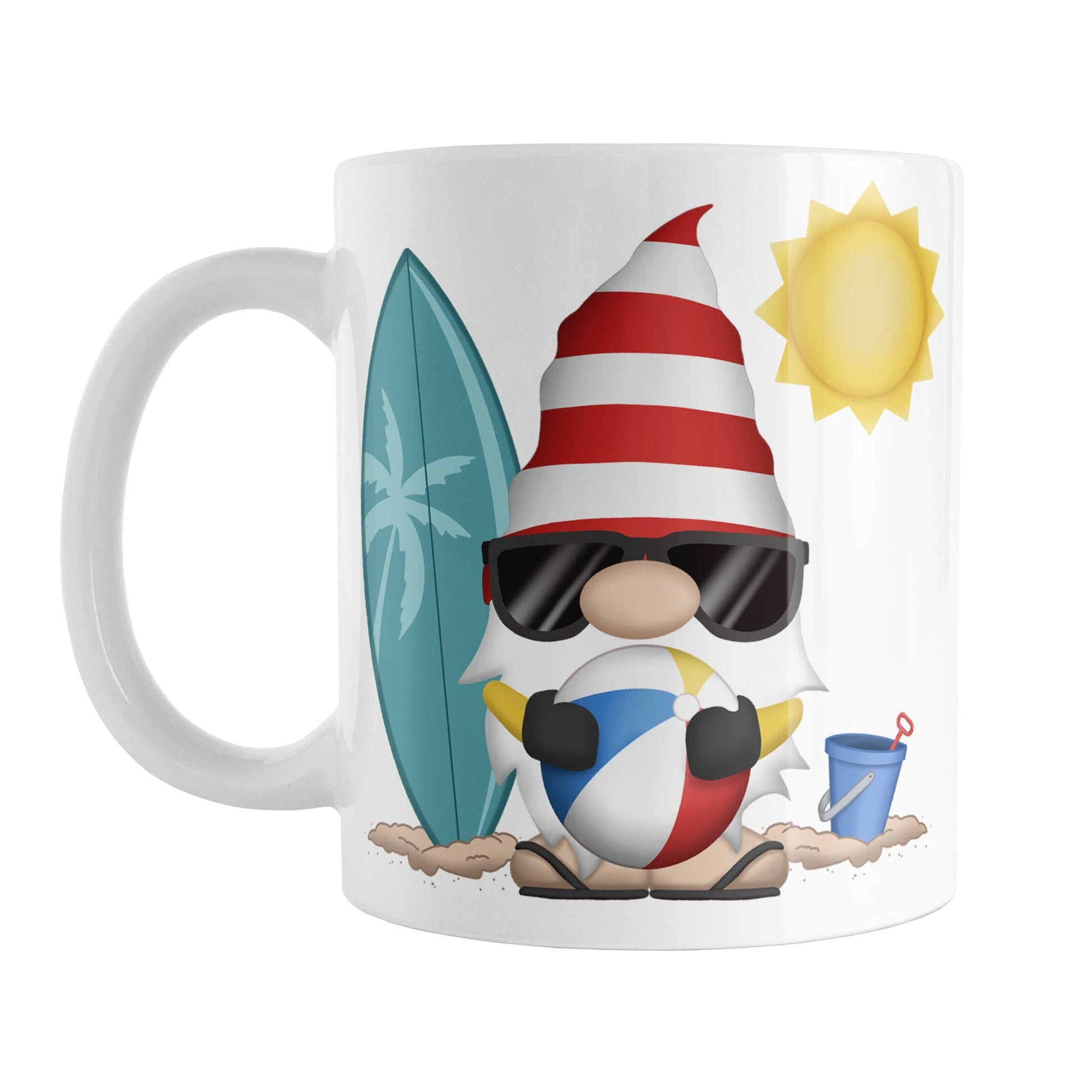 Summer Beach Gnome Mug (11oz) at Amy's Coffee Mugs. A ceramic coffee mug designed with an adorable gnome in sunglasses, holding a beach ball, with a surfboard and bucket in the sand on either side of him, and a bright yellow sun in the sky. This cute gnome is on both sides of the mug.