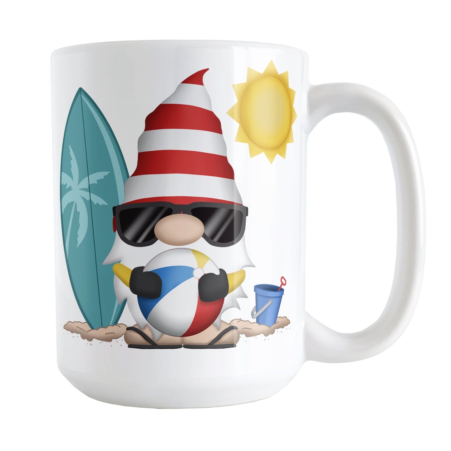Summer Beach Gnome Mug (15oz) at Amy's Coffee Mugs. A ceramic coffee mug designed with an adorable gnome in sunglasses, holding a beach ball, with a surfboard and bucket in the sand on either side of him, and a bright yellow sun in the sky. This cute gnome is on both sides of the mug.
