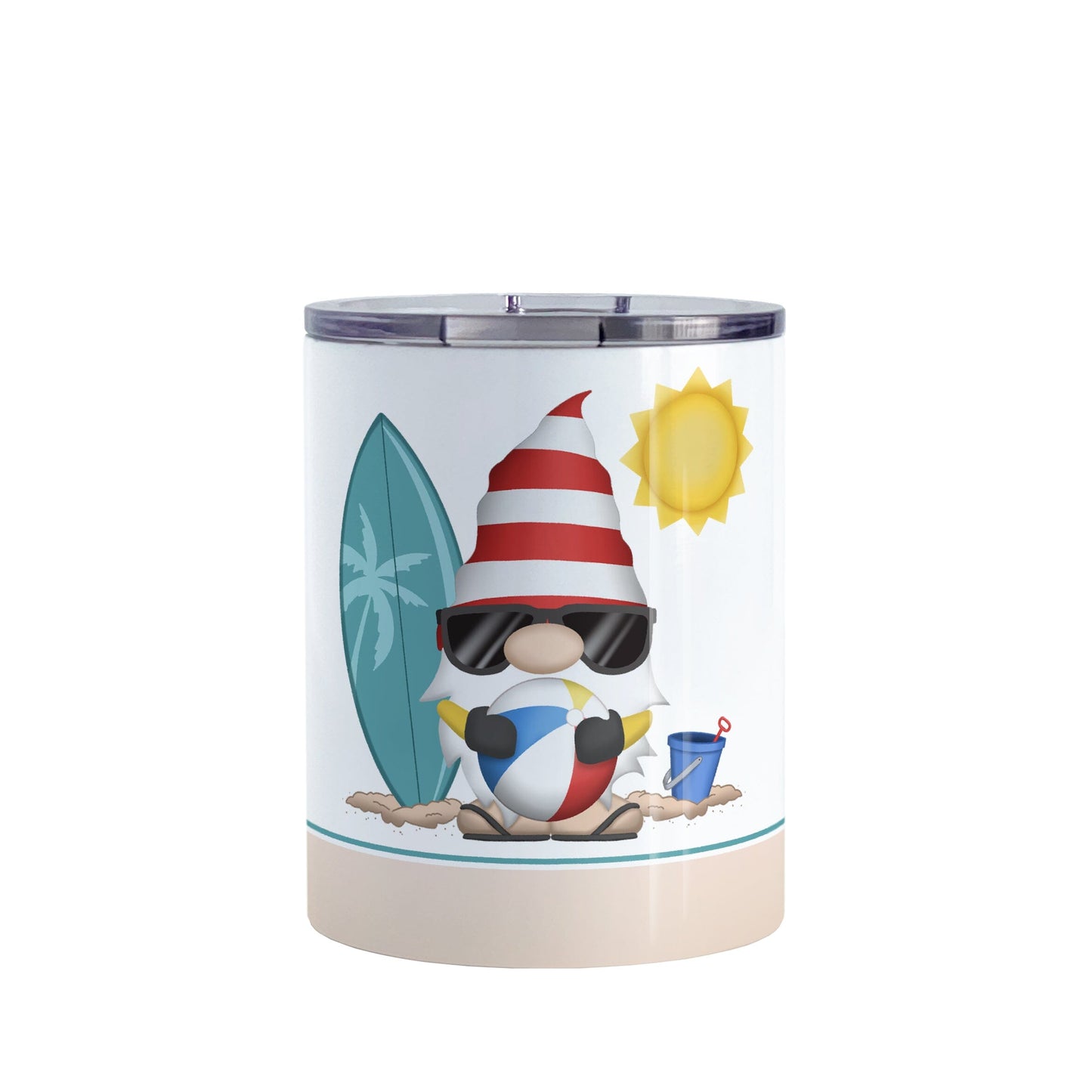Summer Beach Gnome Tumbler Cup (10oz) at Amy's Coffee Mugs. A stainless steel tumbler cup designed with an adorable gnome in sunglasses, holding a beach ball, with a surfboard and bucket in the sand on either side of him, and a bright yellow sun in the sky. Below the gnome is a sandy beige background color along the bottom of the cup.