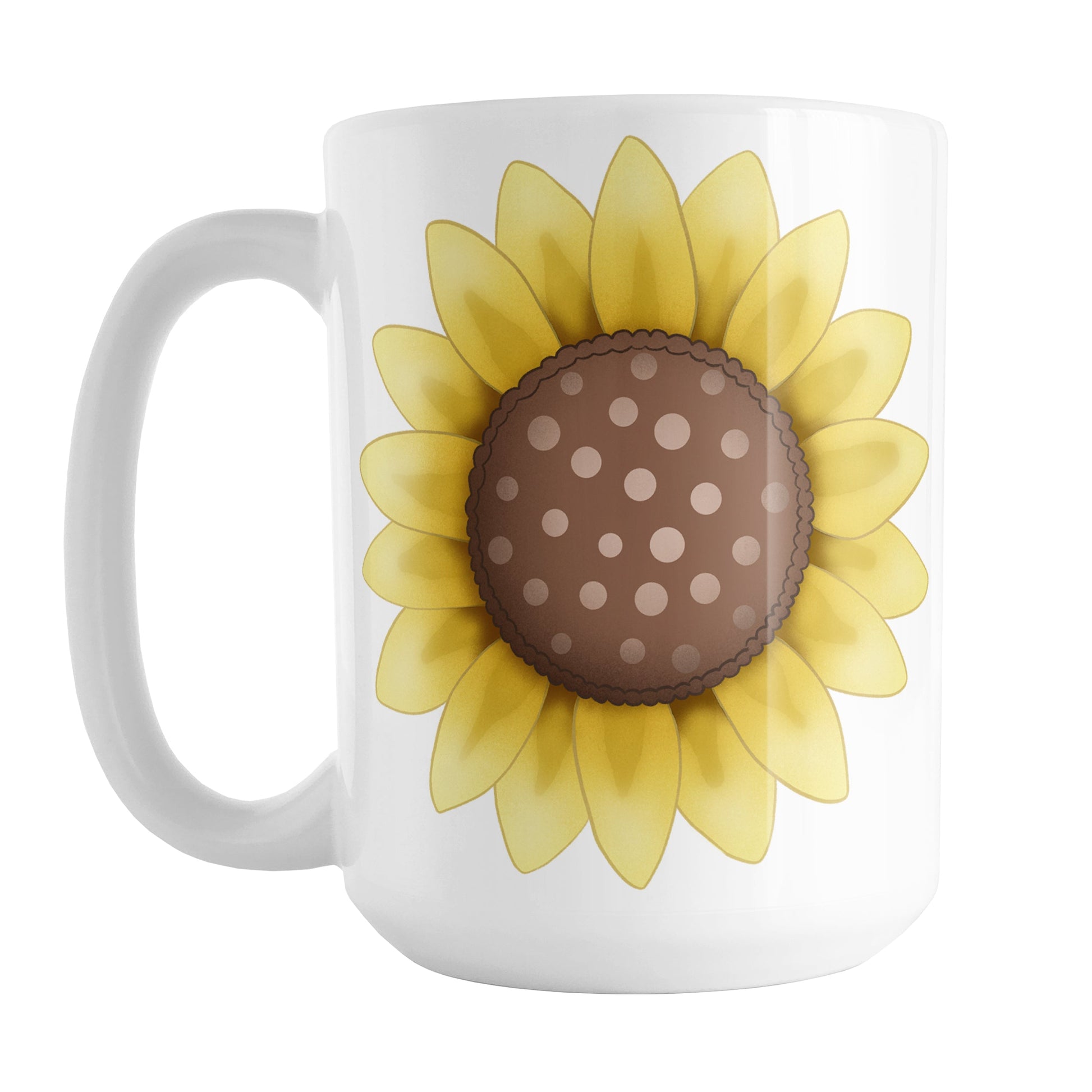 Sunflower Mug (15oz) at Amy's Coffee Mugs. A ceramic coffee mug designed with a big bright yellow sunflower illustration, with a dotted brown center, on both sides of the mug.