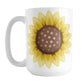 Sunflower Mug (15oz) at Amy's Coffee Mugs. A ceramic coffee mug with a big bright yellow sunflower with a dotted brown center on both sides of the mug. 
