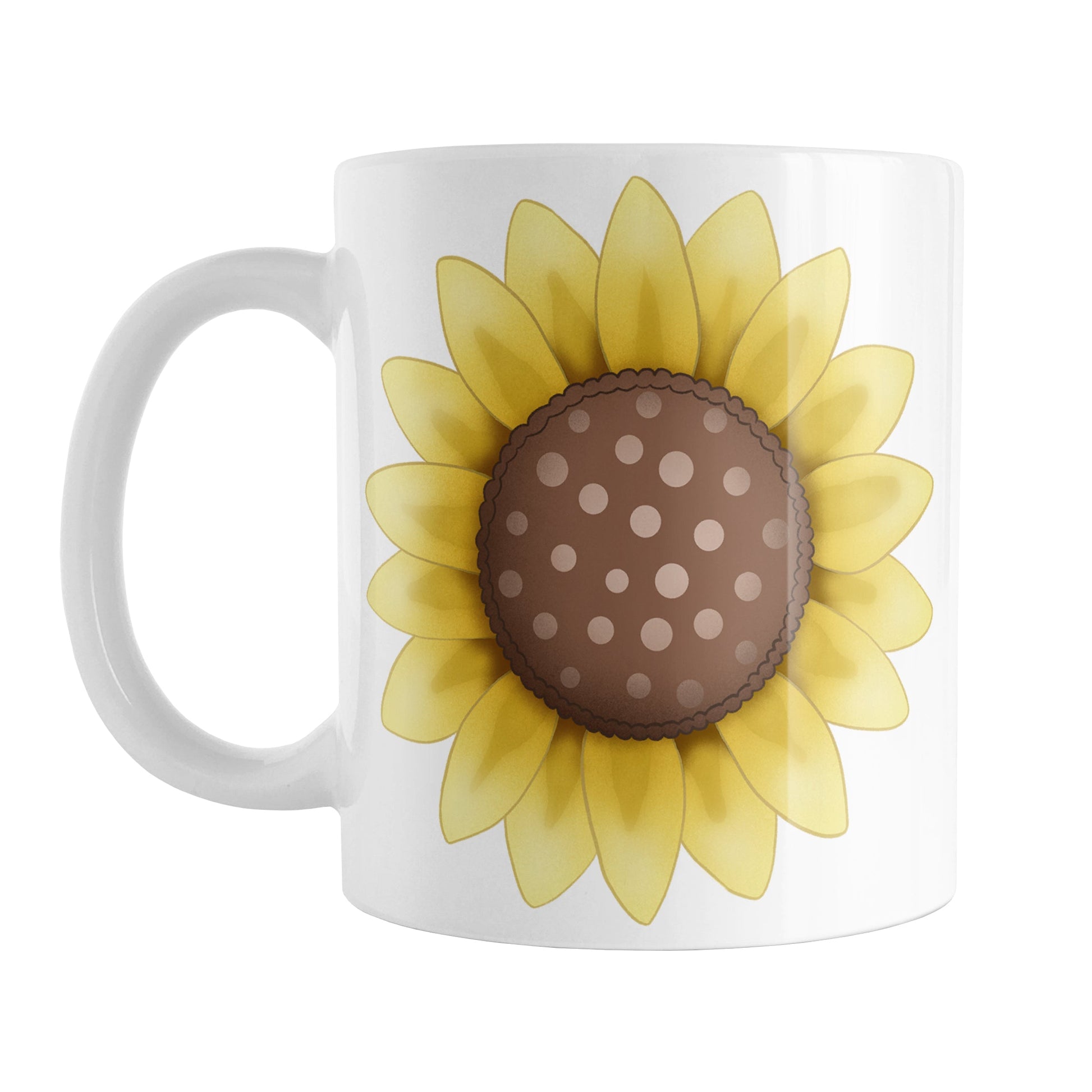 Sunflower Mug (11oz) at Amy's Coffee Mugs. A ceramic coffee mug with a big bright yellow sunflower with a dotted brown center on both sides of the mug. 