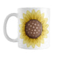 Sunflower Mug (11oz) at Amy's Coffee Mugs. A ceramic coffee mug designed with a big bright yellow sunflower illustration, with a dotted brown center, on both sides of the mug.