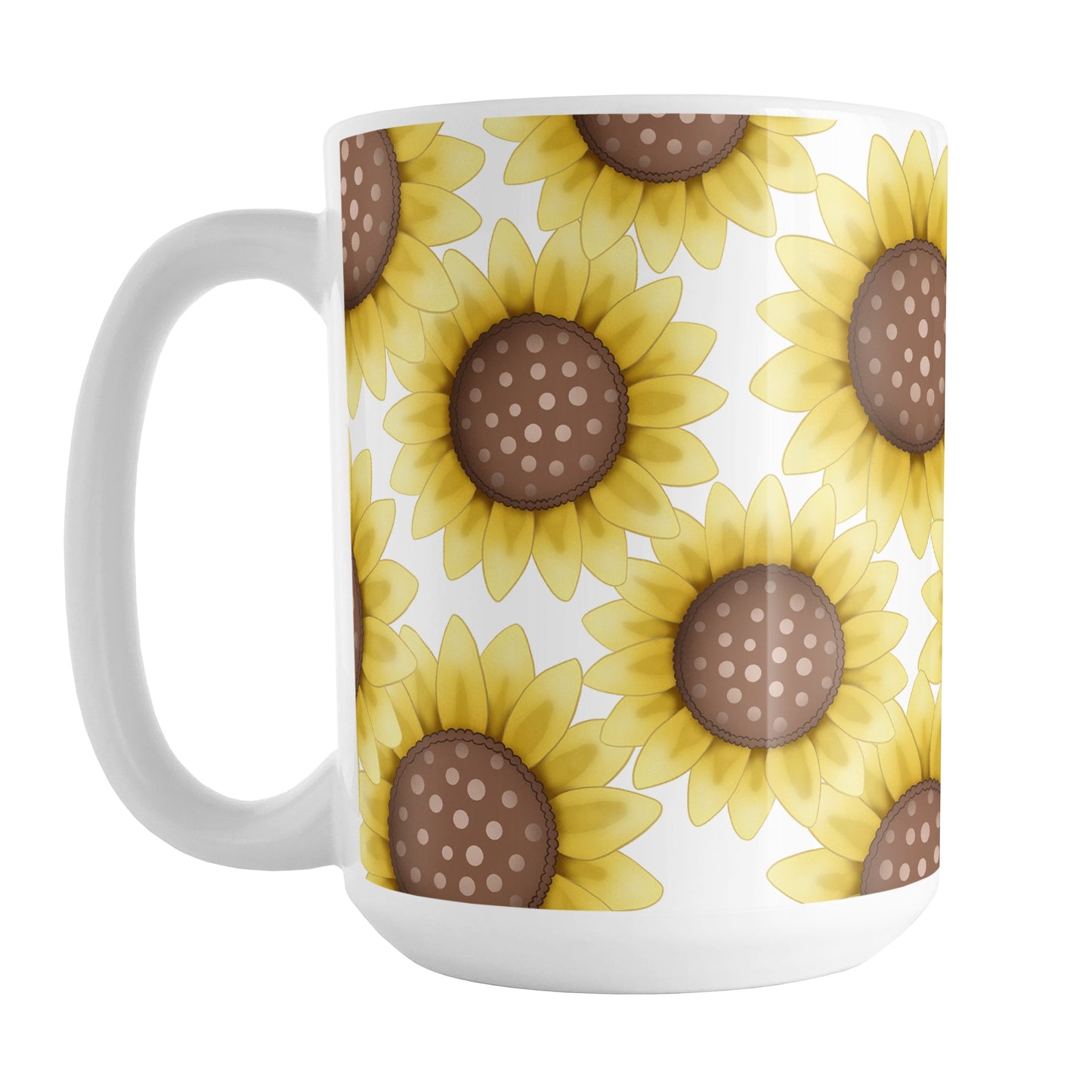Sunflower Pattern Mug (15oz) at Amy's Coffee Mugs. A ceramic coffee mug designed with cute yellow sunflowers with dotted brown centers in a pattern that wraps around the mug to the handle.