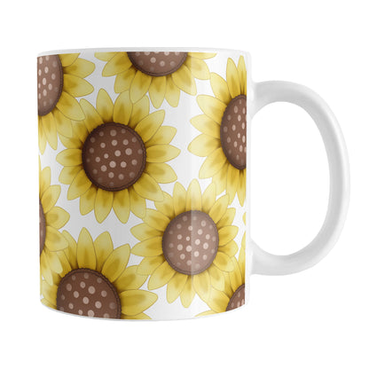 Sunflower Pattern Mug (11oz) at Amy's Coffee Mugs. A ceramic coffee mug designed with cute yellow sunflowers with dotted brown centers in a pattern that wraps around the mug to the handle.
