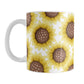 Sunflower Pattern Mug (11oz) at Amy's Coffee Mugs. A ceramic coffee mug designed with cute yellow sunflowers with dotted brown centers in a pattern that wraps around the mug to the handle.
