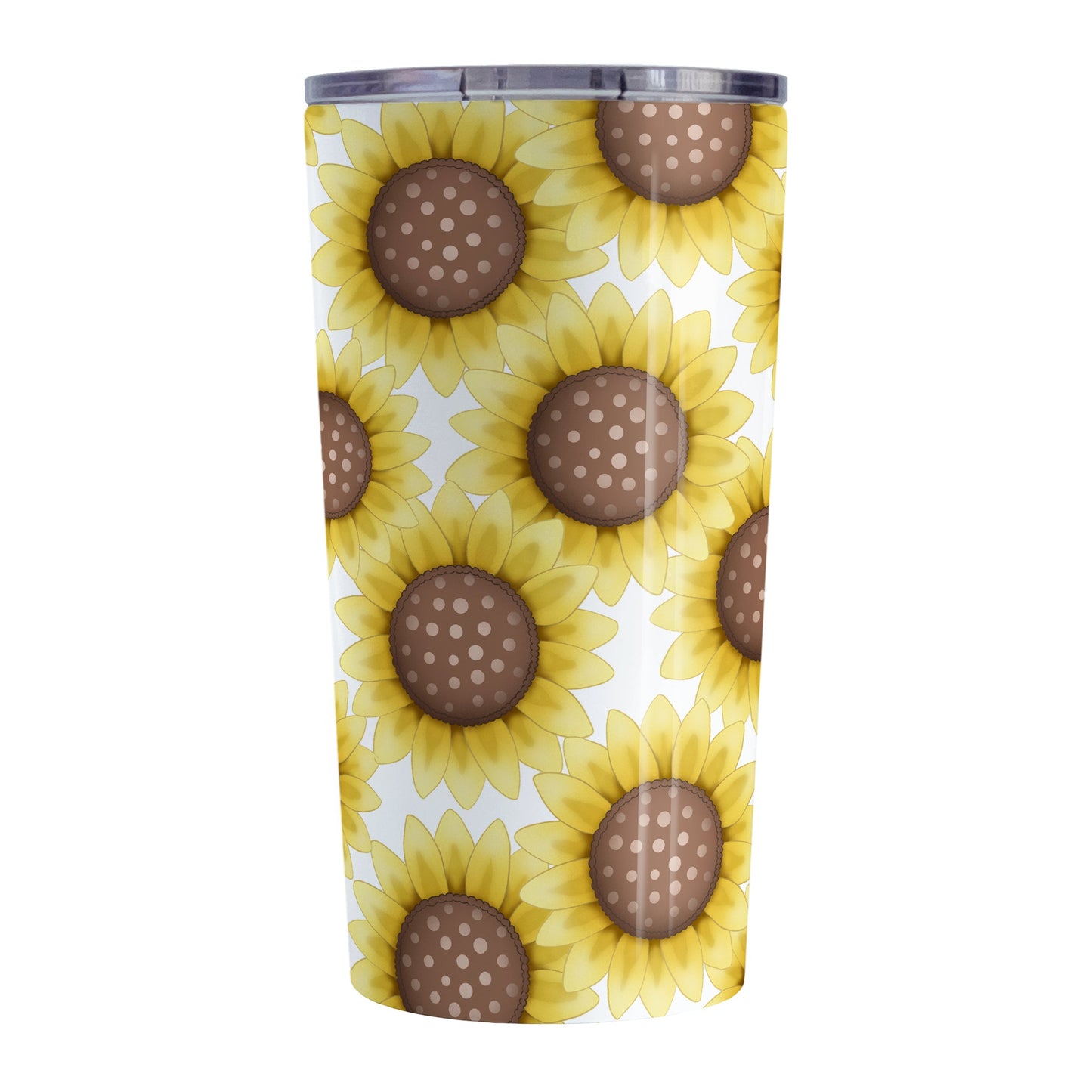 Sunflower Pattern Tumbler Cup (20oz) at Amy's Coffee Mugs. A stainless steel insulated tumbler cup designed with cute yellow sunflowers with dotted brown centers in a pattern that wraps around the cup.