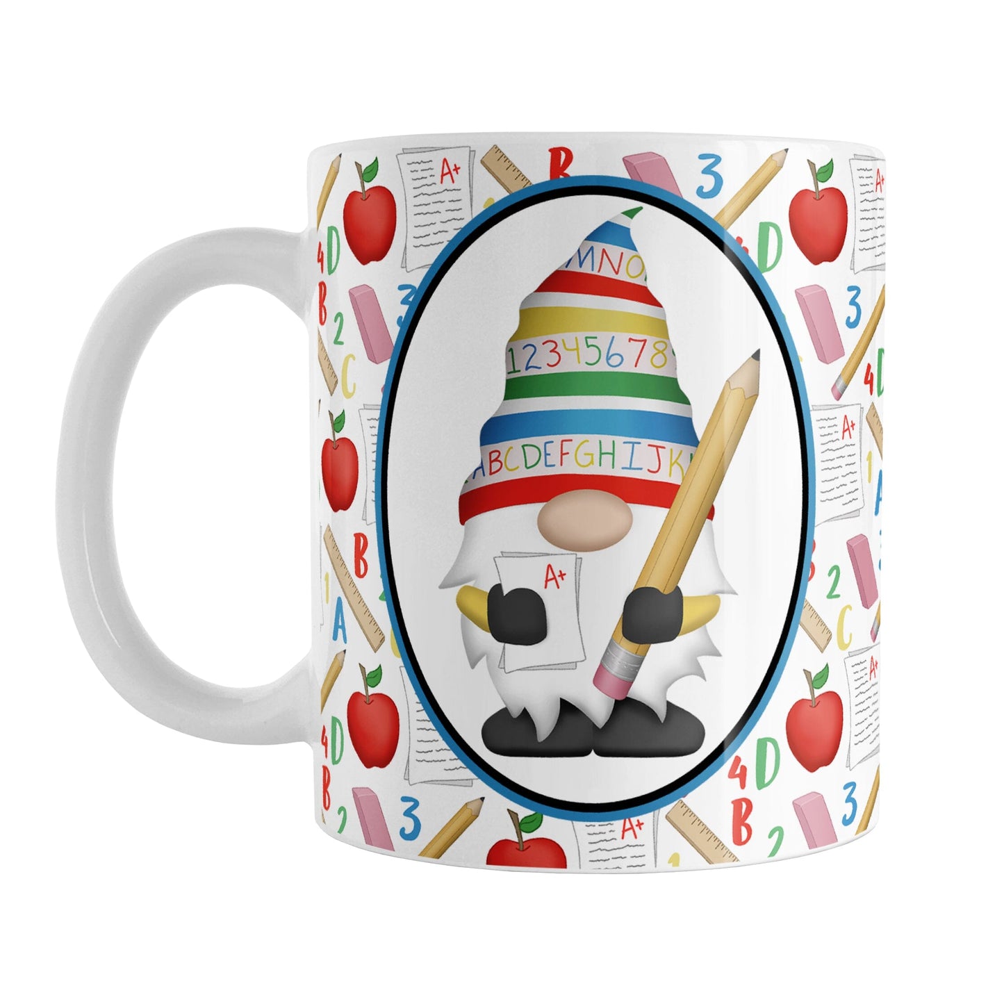 Teacher Gnome School Pattern Mug (11oz) at Amy's Coffee Mugs. A ceramic coffee mug designed with an illustration of an adorable gnome wearing a festive hat with numbers and letters in primary colors and holding a large oversized pencil and graded A+ paper inside an oval. This cute gnome design is on both sides of the mug over a school-themed pattern that wraps around the mug to the handle with apples, rulers, erasers, graded papers, numbers, and letters. 