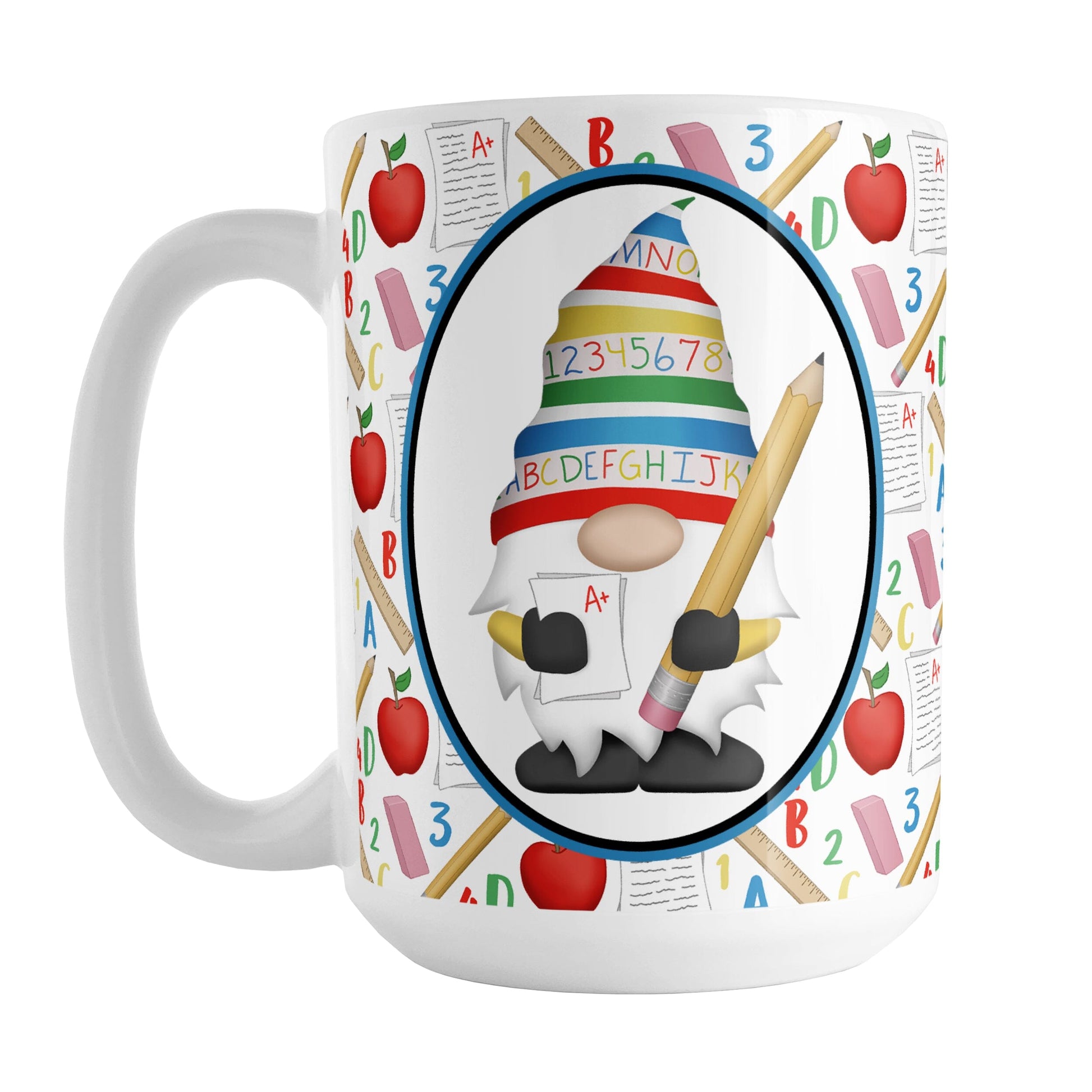 Teacher Gnome School Pattern Mug (15oz) at Amy's Coffee Mugs. A ceramic coffee mug designed with an illustration of an adorable gnome wearing a festive hat with numbers and letters in primary colors and holding a large oversized pencil and graded A+ paper inside an oval. This cute gnome design is on both sides of the mug over a school-themed pattern that wraps around the mug to the handle with apples, rulers, erasers, graded papers, numbers, and letters. 