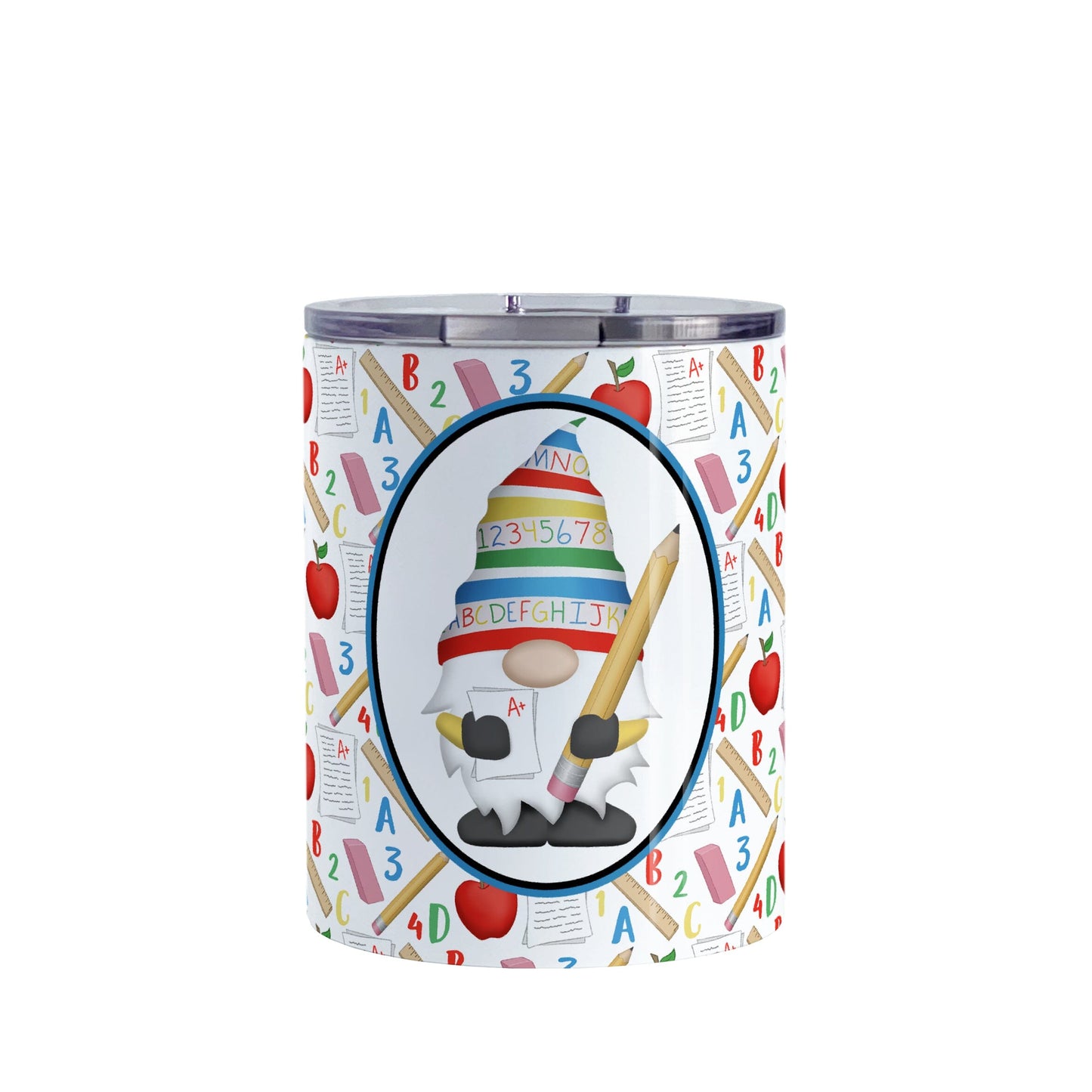 Teacher Gnome School Pattern Tumbler Cup (10oz) at Amy's Coffee Mugs. A stainless steel tumbler cup designed with an illustration of an adorable gnome wearing a festive hat with numbers and letters in primary colors and holding a large oversized pencil and graded A+ paper inside an oval. This cute gnome oval is placed over a school-themed pattern that wraps around the cup with apples, rulers, erasers, graded papers, numbers, and letters.