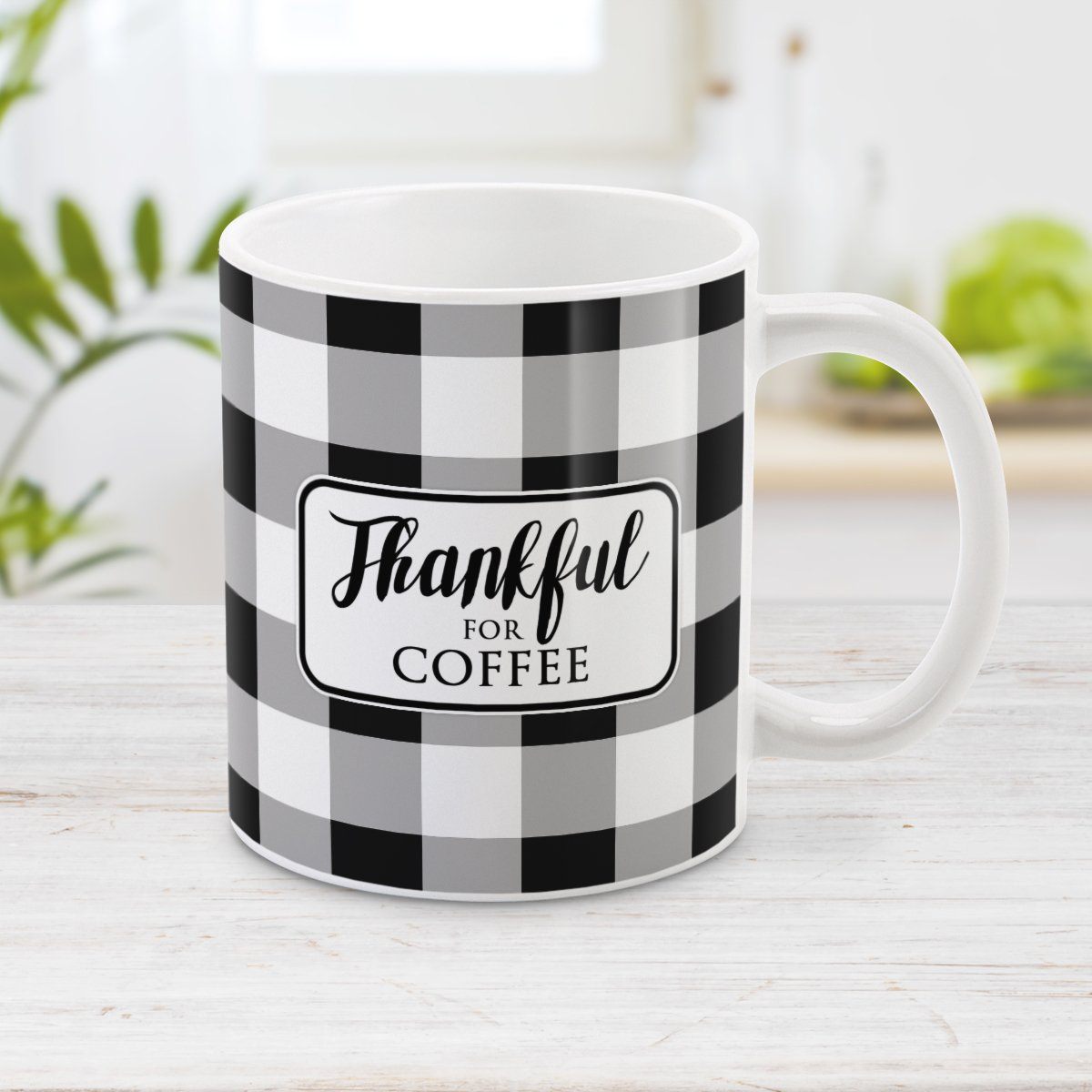 Thankful for Coffee - Black and White Buffalo Plaid Mug at Amy's Coffee Mugs