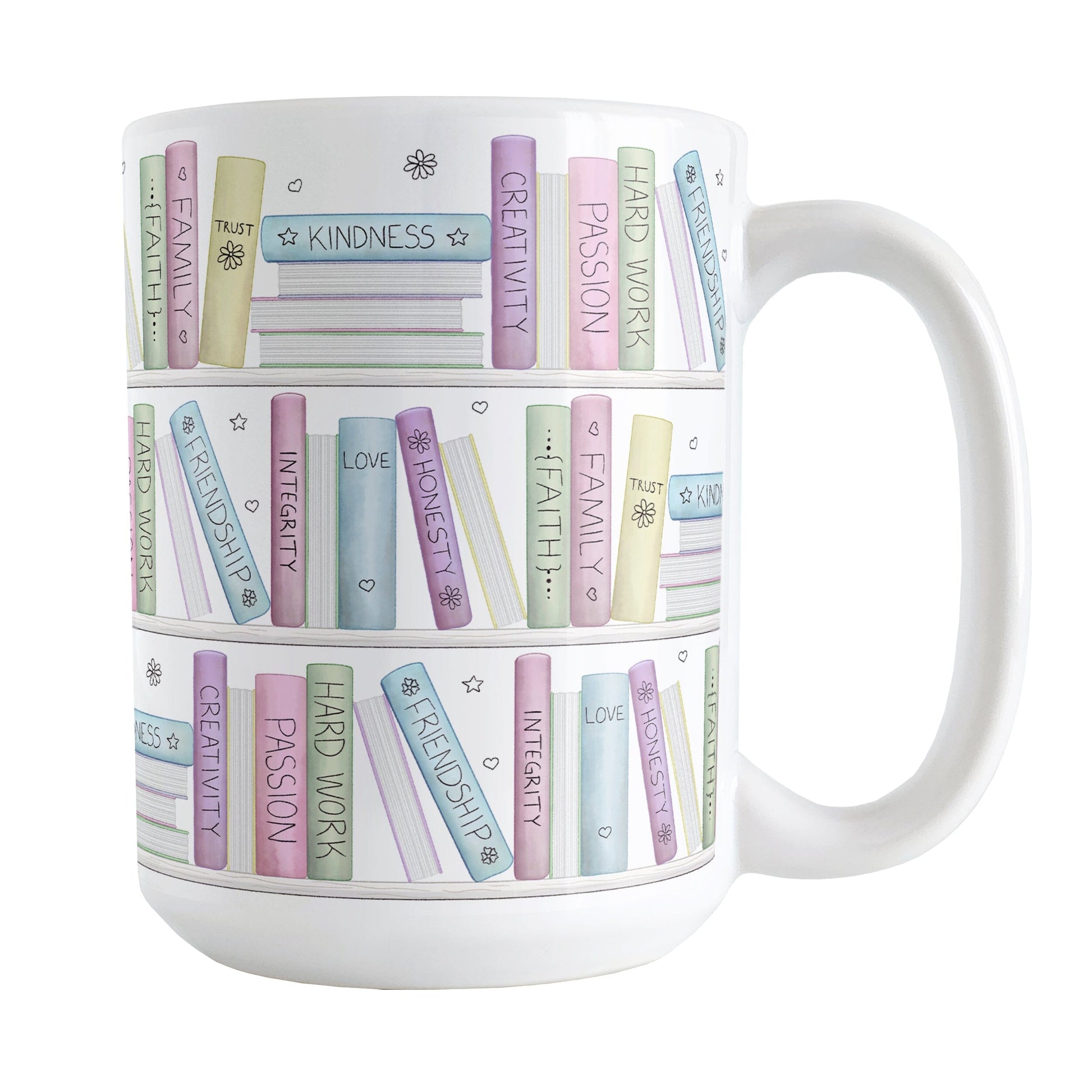 The Building Books of Life Mug (15oz) at Amy's Coffee Mugs. A ceramic coffee mug designed with a colorful pattern of books on a bookshelf each with an inspirational title that all could be considered important building blocks of life, such as love, family, integrity, kindness, passion, faith, creativity, and more. 