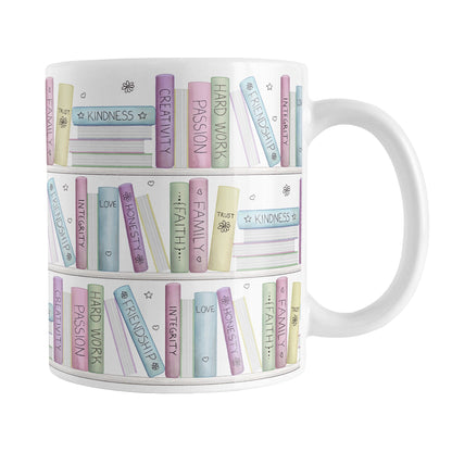 The Building Books of Life Mug (11oz) at Amy's Coffee Mugs. A ceramic coffee mug designed with a colorful pattern of books on a bookshelf each with an inspirational title that all could be considered important building blocks of life, such as love, family, integrity, kindness, passion, faith, creativity, and more. 