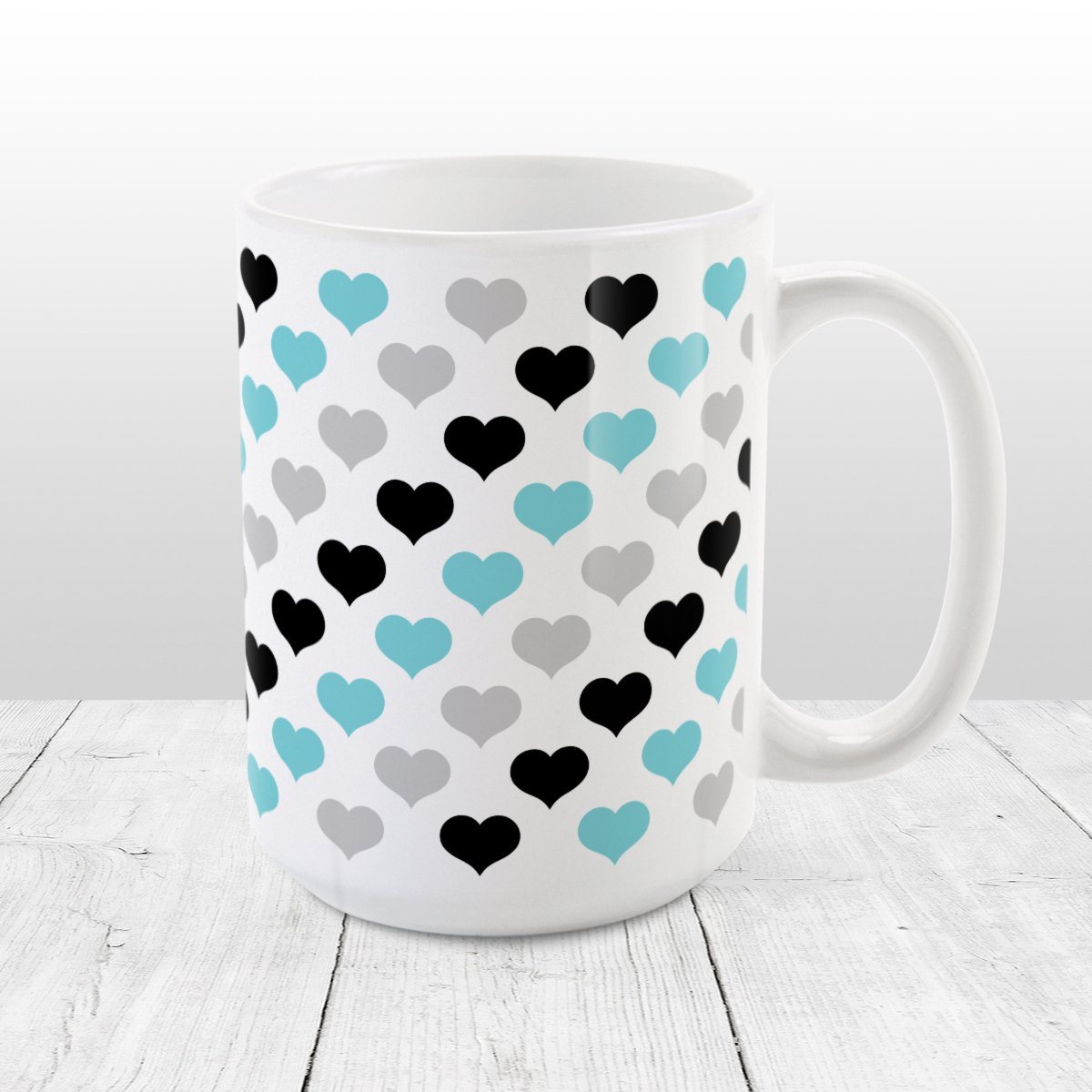 Turquoise Black Gray Hearts Pattern Mug at Amy's Coffee Mugs