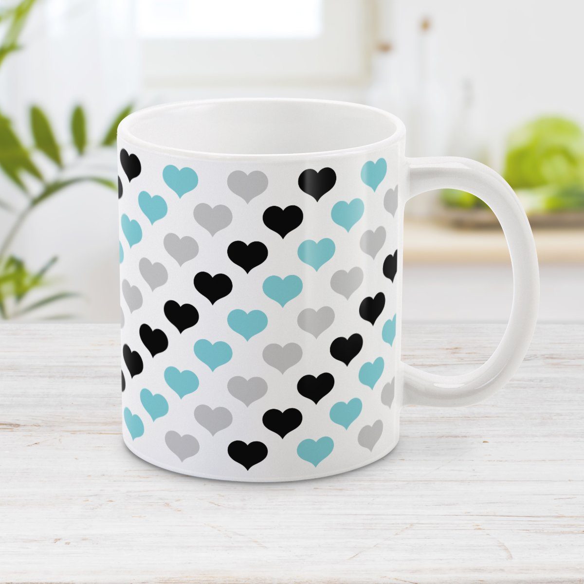 Turquoise Black Gray Hearts Pattern Mug at Amy's Coffee Mugs