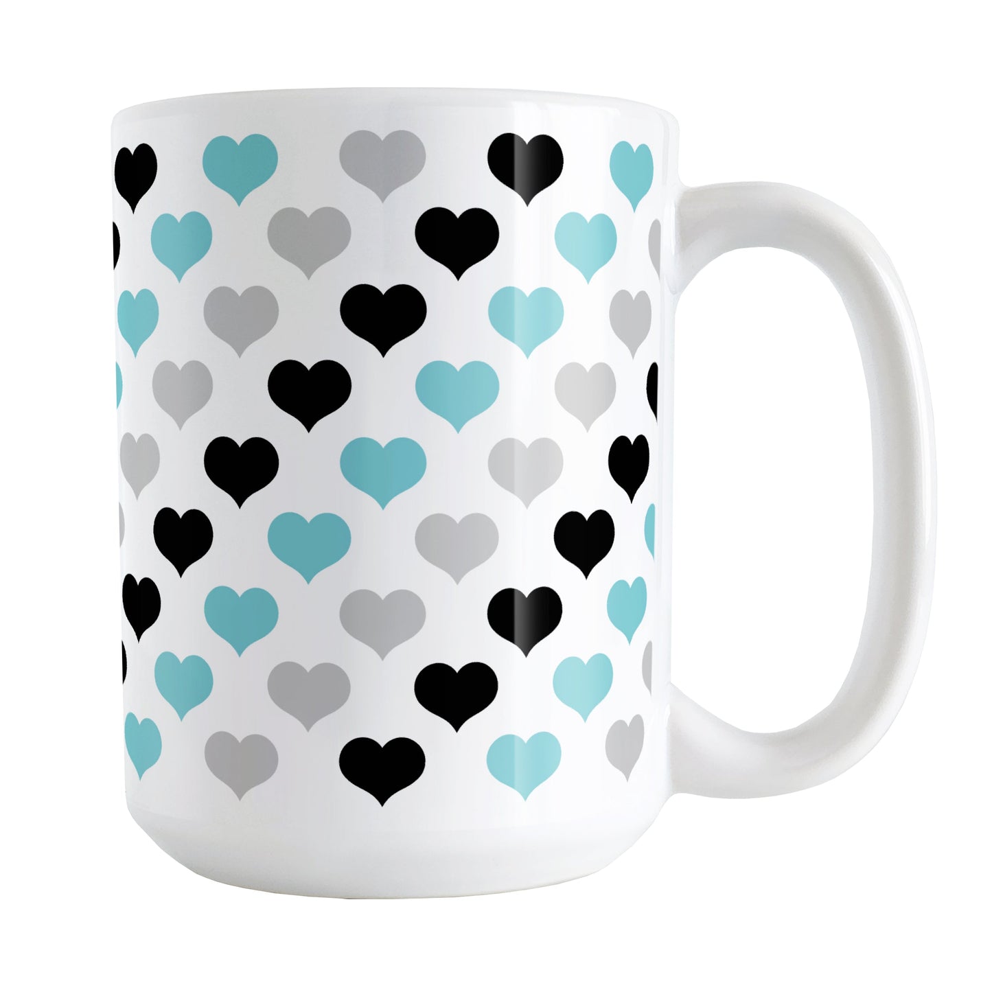 Turquoise Black Gray Hearts Pattern Mug (15oz) at Amy's Coffee Mugs
