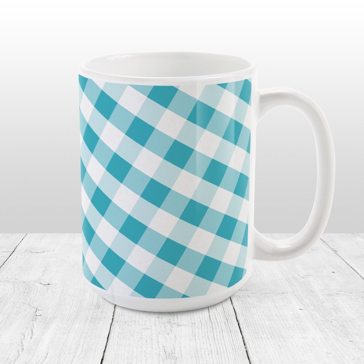 Turquoise Gingham Mug at Amy's Coffee Mugs