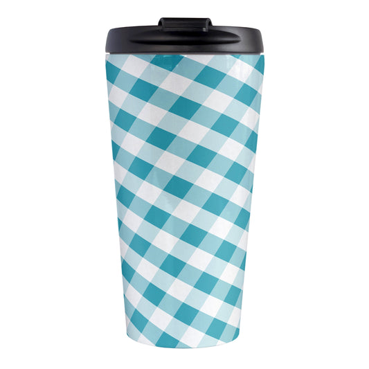 Turquoise Gingham Travel Mug (15oz, stainless steel insulated) at Amy's Coffee Mugs