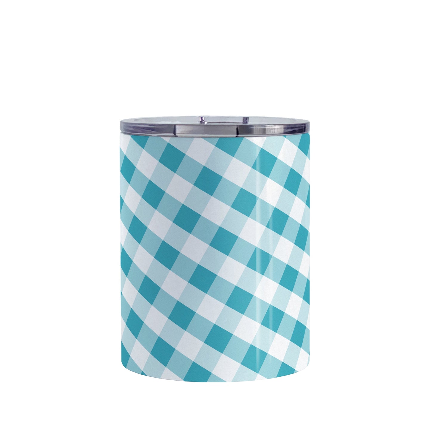 Turquoise Gingham Tumbler Cup (10oz, stainless steel insulated) at Amy's Coffee Mugs. A tumbler cup designed with a slanted turquoise and white gingham pattern that wraps around the cup.