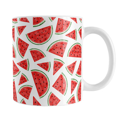 Watermelon Slices Mug (11oz) at Amy's Coffee Mugs. A ceramic coffee mug designed with a pattern of illustrated watermelon slices that wraps around the mug to the handle.