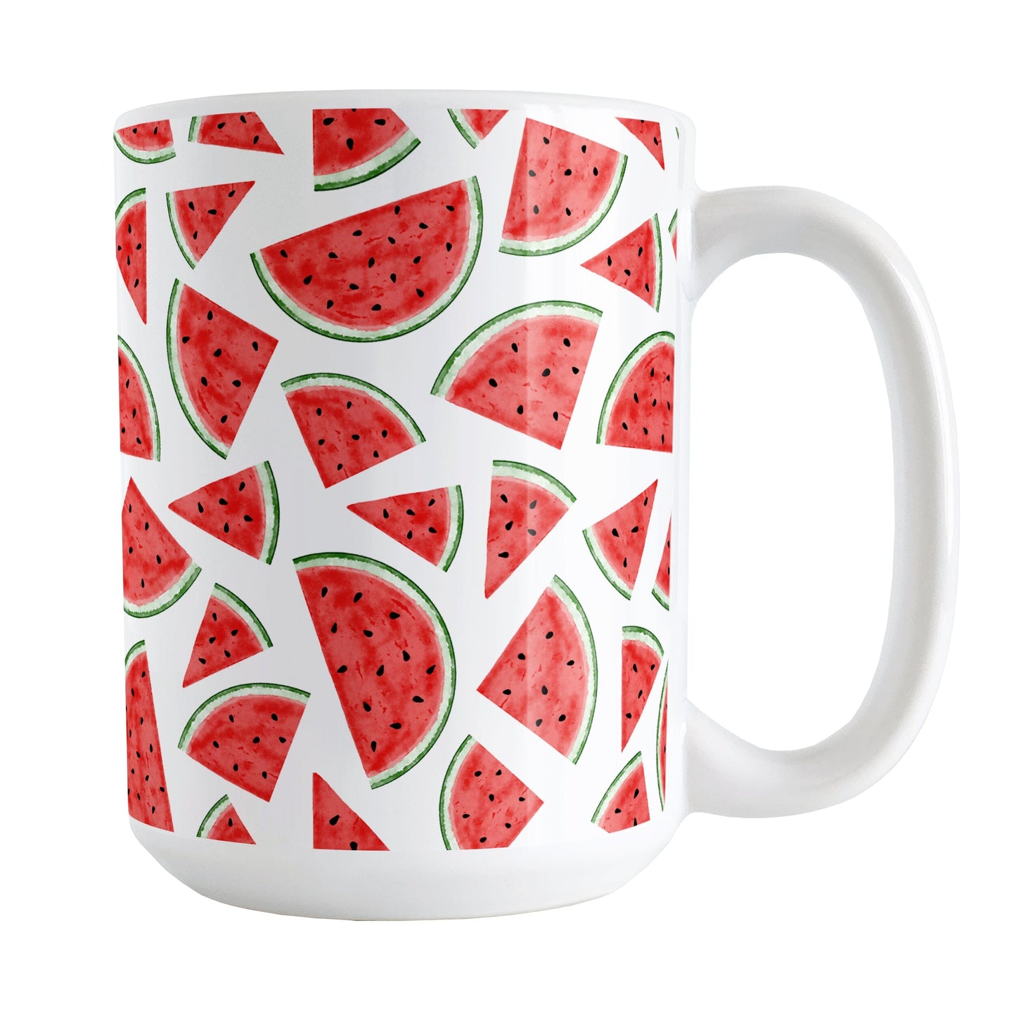Watermelon Slices Mug (15oz) at Amy's Coffee Mugs. A ceramic coffee mug designed with a pattern of illustrated watermelon slices that wraps around the mug to the handle.