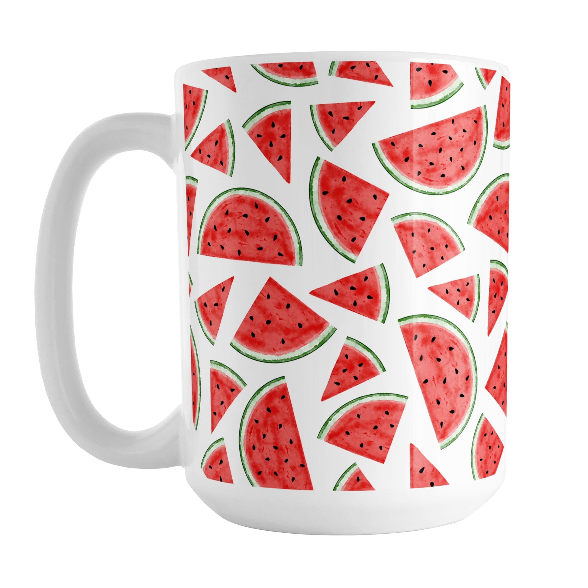 Watermelon Slices Mug (15oz) at Amy's Coffee Mugs. A ceramic coffee mug designed with a pattern of illustrated watermelon slices that wraps around the mug to the handle.