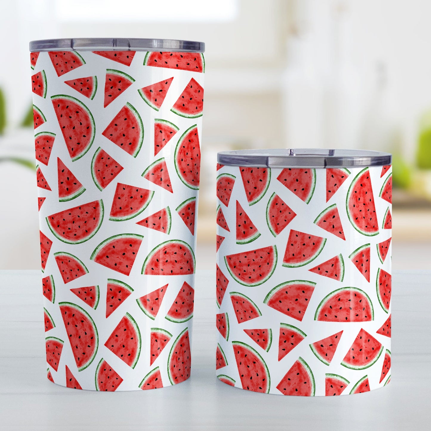 Watermelon Slices Tumbler Cups (20oz or 10oz) at Amy's Coffee Mugs. Stainless steel tumbler cups with sipping lids designed with a pattern of illustrated watermelon slices that wraps around the cups. Photo shows both sized cups next to each other.