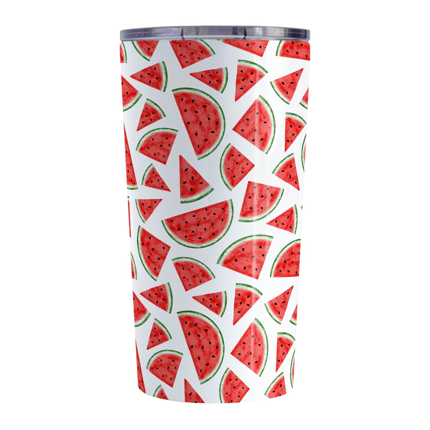 Watermelon Slices Tumbler Cup (20oz) at Amy's Coffee Mugs. A stainless steel tumbler cup with a sipping lid designed with a pattern of illustrated watermelon slices that wraps around the cup.